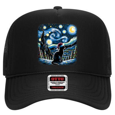 Van Gogh Starry Night Festive Christmas Black Cat Santa Hat High Crown Mesh Back Trucker Hat