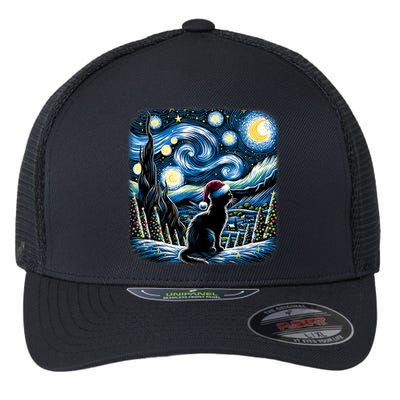 Van Gogh Starry Night Festive Christmas Black Cat Santa Hat Flexfit Unipanel Trucker Cap