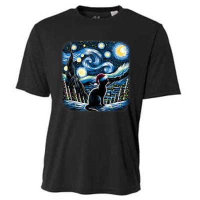 Van Gogh Starry Night Festive Christmas Black Cat Santa Hat Cooling Performance Crew T-Shirt