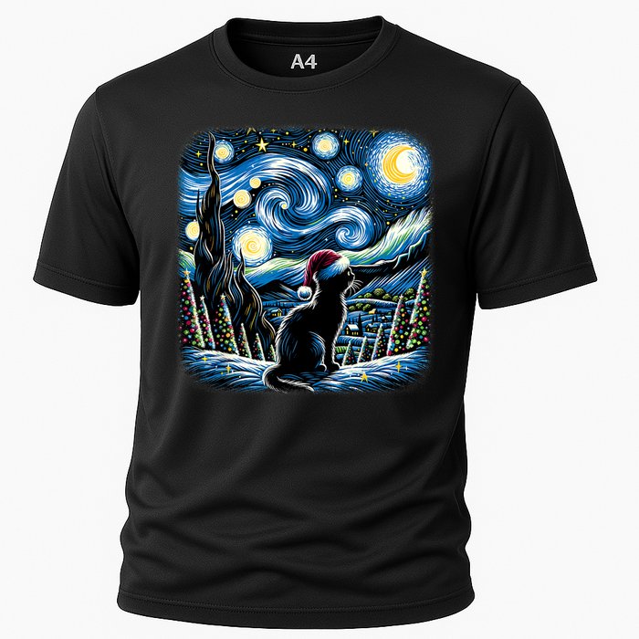 Van Gogh Starry Night Festive Christmas Black Cat Santa Hat Cooling Performance Crew T-Shirt