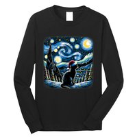 Van Gogh Starry Night Festive Christmas Black Cat Santa Hat Long Sleeve Shirt