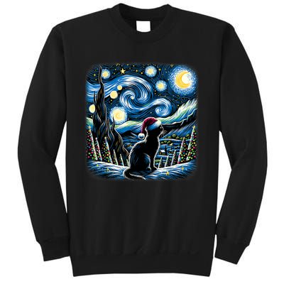 Van Gogh Starry Night Festive Christmas Black Cat Santa Hat Sweatshirt