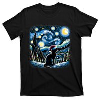 Van Gogh Starry Night Festive Christmas Black Cat Santa Hat T-Shirt