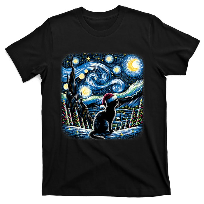 Van Gogh Starry Night Festive Christmas Black Cat Santa Hat T-Shirt