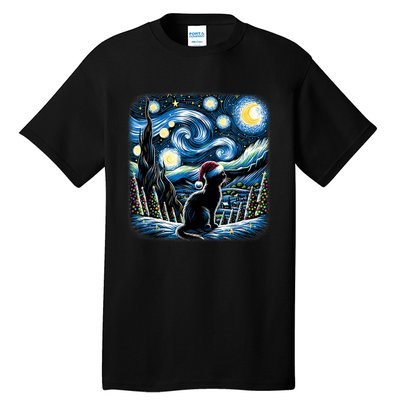 Van Gogh Starry Night Festive Christmas Black Cat Santa Hat Tall T-Shirt