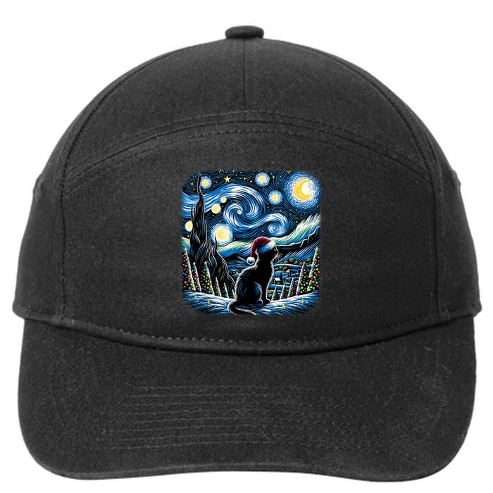 Van Gogh Starry Night Festive Christmas Black Cat Santa Hat 7-Panel Snapback Hat