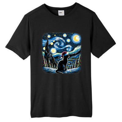 Van Gogh Starry Night Festive Christmas Black Cat Santa Hat Tall Fusion ChromaSoft Performance T-Shirt