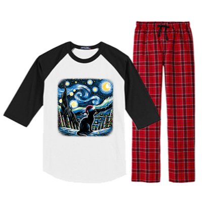 Van Gogh Starry Night Festive Christmas Black Cat Santa Hat Raglan Sleeve Pajama Set