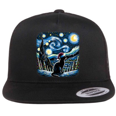 Van Gogh Starry Night Festive Christmas Black Cat Santa Hat Flat Bill Trucker Hat