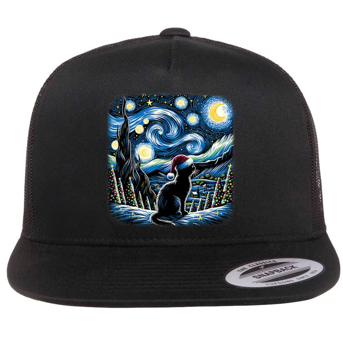 Van Gogh Starry Night Festive Christmas Black Cat Santa Hat Flat Bill Trucker Hat