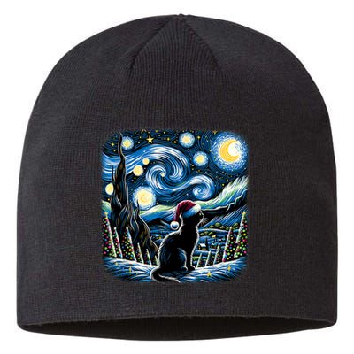 Van Gogh Starry Night Festive Christmas Black Cat Santa Hat Sustainable Beanie