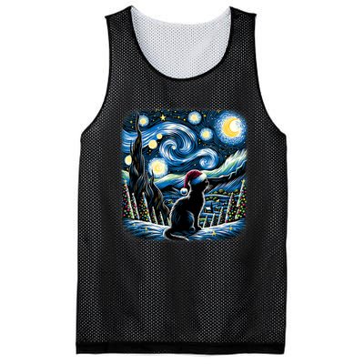 Van Gogh Starry Night Festive Christmas Black Cat Santa Hat Mesh Reversible Basketball Jersey Tank