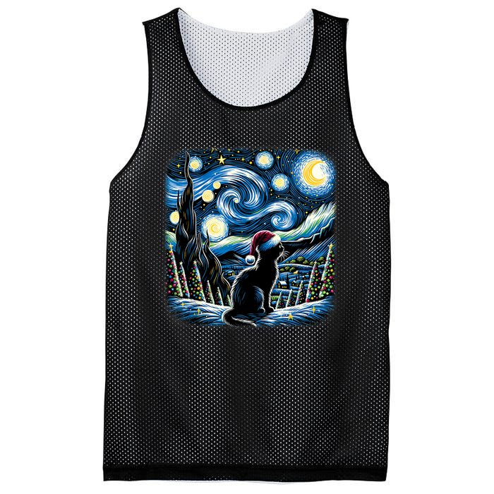 Van Gogh Starry Night Festive Christmas Black Cat Santa Hat Mesh Reversible Basketball Jersey Tank