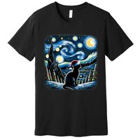 Van Gogh Starry Night Festive Christmas Black Cat Santa Hat Premium T-Shirt