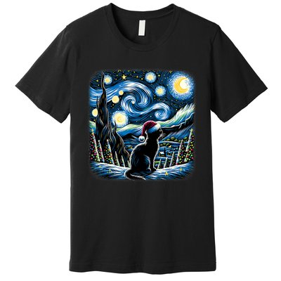 Van Gogh Starry Night Festive Christmas Black Cat Santa Hat Premium T-Shirt