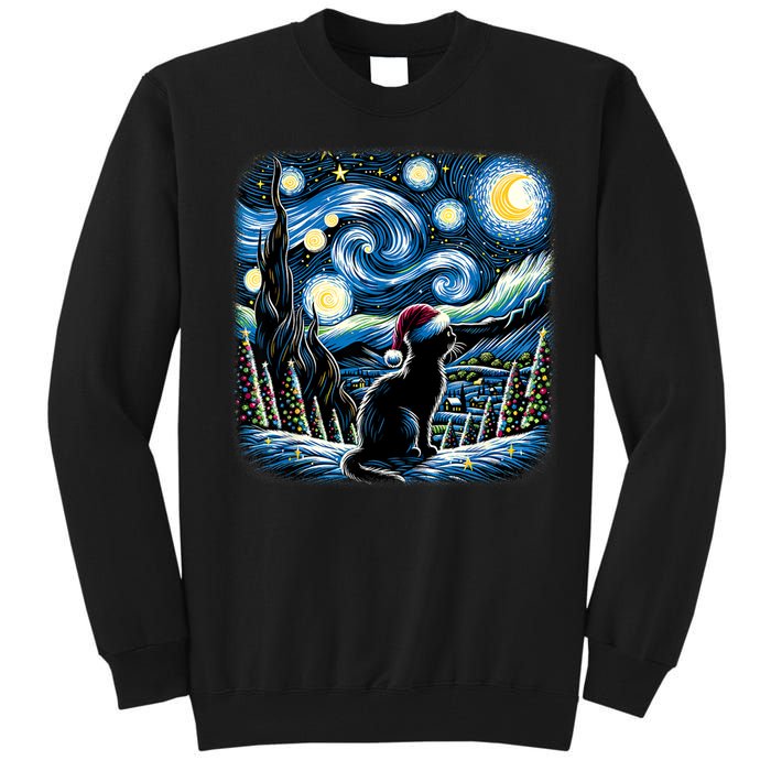 Van Gogh Starry Night Festive Christmas Black Cat Santa Hat Tall Sweatshirt