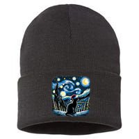 Van Gogh Starry Night Festive Christmas Black Cat Santa Hat Sustainable Knit Beanie