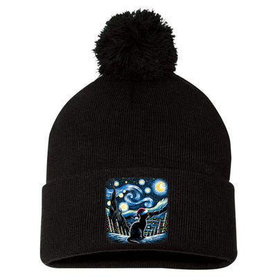 Van Gogh Starry Night Festive Christmas Black Cat Santa Hat Pom Pom 12in Knit Beanie