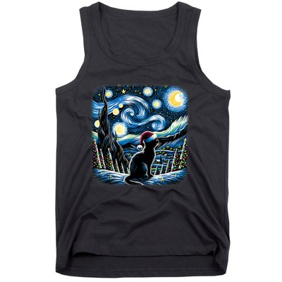 Van Gogh Starry Night Festive Christmas Black Cat Santa Hat Tank Top