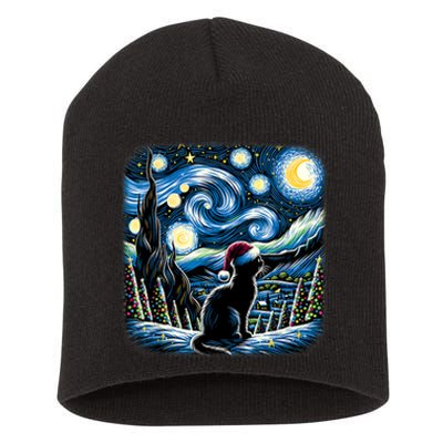 Van Gogh Starry Night Festive Christmas Black Cat Santa Hat Short Acrylic Beanie