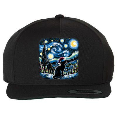 Van Gogh Starry Night Festive Christmas Black Cat Santa Hat Wool Snapback Cap