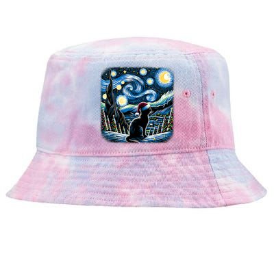 Van Gogh Starry Night Festive Christmas Black Cat Santa Hat Tie-Dyed Bucket Hat