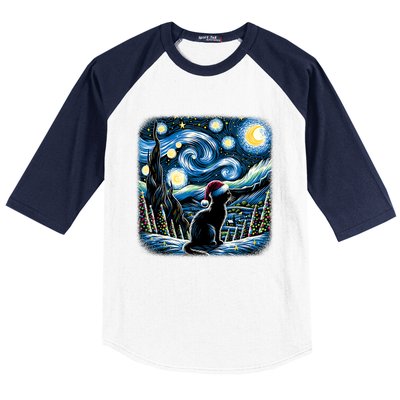 Van Gogh Starry Night Festive Christmas Black Cat Santa Hat Baseball Sleeve Shirt