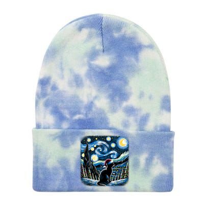 Van Gogh Starry Night Festive Christmas Black Cat Santa Hat Tie Dye 12in Knit Beanie