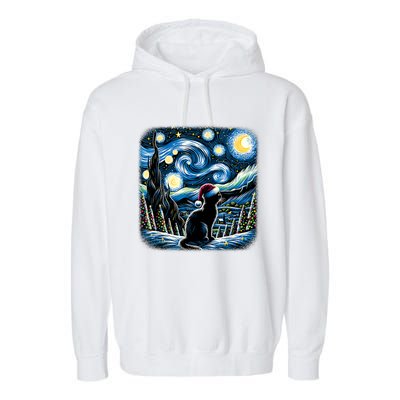 Van Gogh Starry Night Festive Christmas Black Cat Santa Hat Garment-Dyed Fleece Hoodie