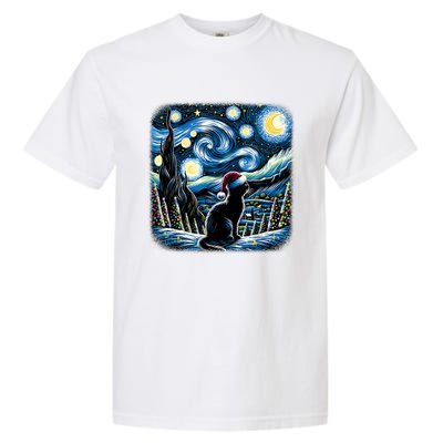 Van Gogh Starry Night Festive Christmas Black Cat Santa Hat Garment-Dyed Heavyweight T-Shirt