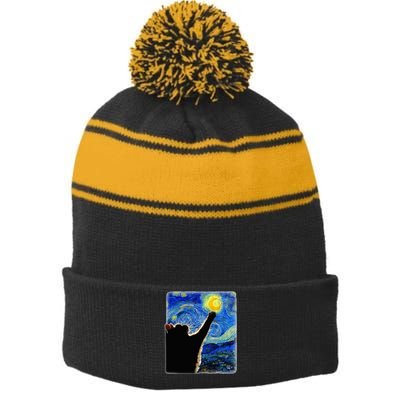 Van Gogh Starry Night Cat Classic Fit Cat Stripe Pom Pom Beanie