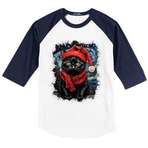 Van Gogh Starry Night Cat Funny Black Cat Christmas Baseball Sleeve Shirt