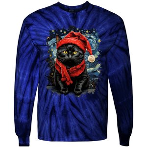 Van Gogh Starry Night Cat Funny Black Cat Christmas Tie-Dye Long Sleeve Shirt