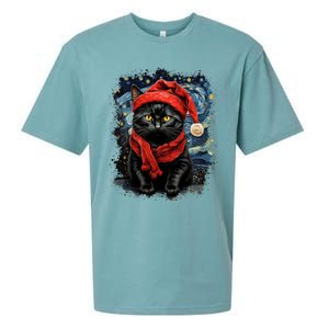 Van Gogh Starry Night Cat Funny Black Cat Christmas Sueded Cloud Jersey T-Shirt