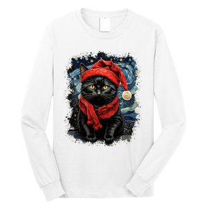 Van Gogh Starry Night Cat Funny Black Cat Christmas Long Sleeve Shirt