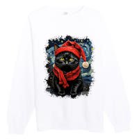 Van Gogh Starry Night Cat Funny Black Cat Christmas Premium Crewneck Sweatshirt