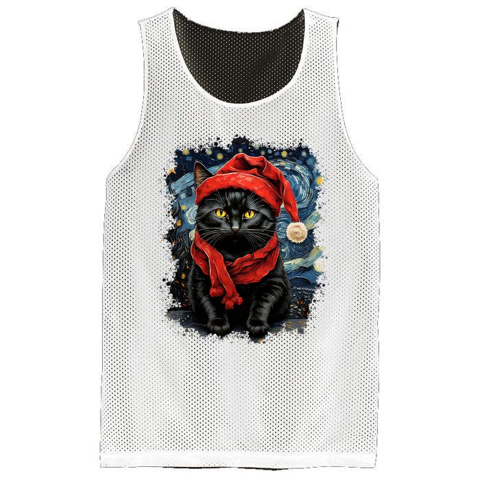 Van Gogh Starry Night Cat Funny Black Cat Christmas Mesh Reversible Basketball Jersey Tank