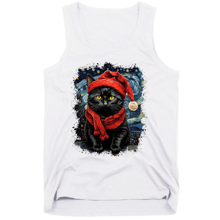 Van Gogh Starry Night Cat Funny Black Cat Christmas Tank Top