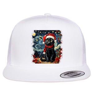 Van Gogh Starry Night Cat Funny Cat Christmas Flat Bill Trucker Hat