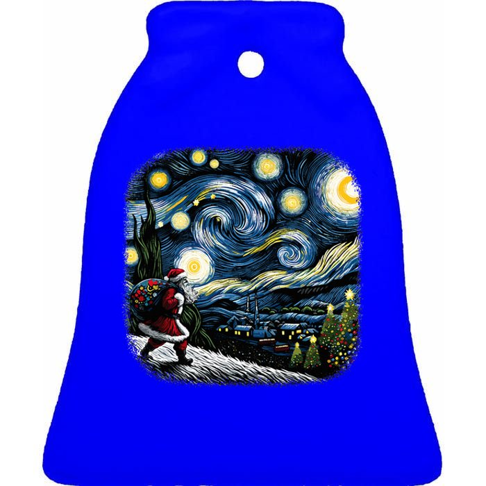 Van Gogh Starry Night Santa Christmas Winter Snowy Night Ceramic Bell Ornament