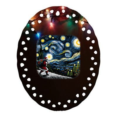 Van Gogh Starry Night Santa Christmas Winter Snowy Night Ceramic Oval Ornament