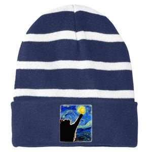 Van Gogh Starry Night Cat Striped Beanie with Solid Band