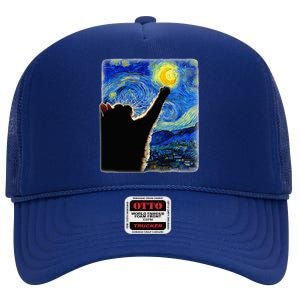 Van Gogh Starry Night Cat High Crown Mesh Back Trucker Hat