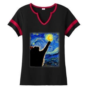 Van Gogh Starry Night Cat Classic Fit Cat Lover/Mom/Dad Gift Black Ladies Halftime Notch Neck Tee