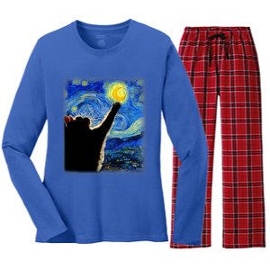 Van Gogh Starry Night Cat Classic Fit Cat Lover/Mom/Dad Gift Black Women's Long Sleeve Flannel Pajama Set 