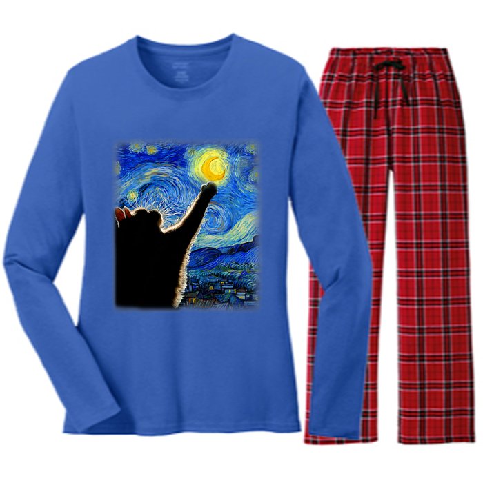 Van Gogh Starry Night Cat Classic Fit Cat Lover/Mom/Dad Gift Black Women's Long Sleeve Flannel Pajama Set 