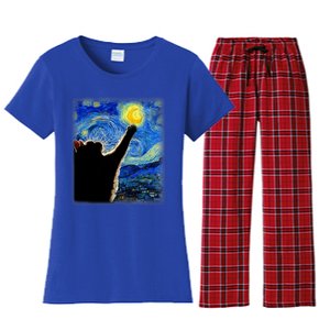 Van Gogh Starry Night Cat Classic Fit Cat Lover/Mom/Dad Gift Black Women's Flannel Pajama Set