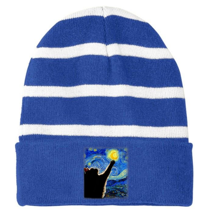 Van Gogh Starry Night Cat Classic Fit Cat Lover/Mom/Dad Gift Black Striped Beanie with Solid Band