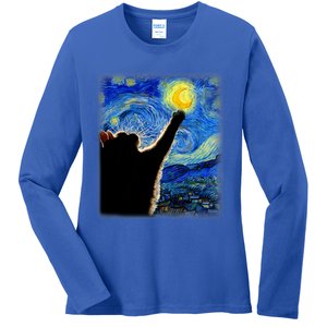 Van Gogh Starry Night Cat Classic Fit Cat Lover/Mom/Dad Gift Black Ladies Long Sleeve Shirt