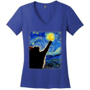 Van Gogh Starry Night Cat Classic Fit Cat Lover/Mom/Dad Gift Black Women's V-Neck T-Shirt